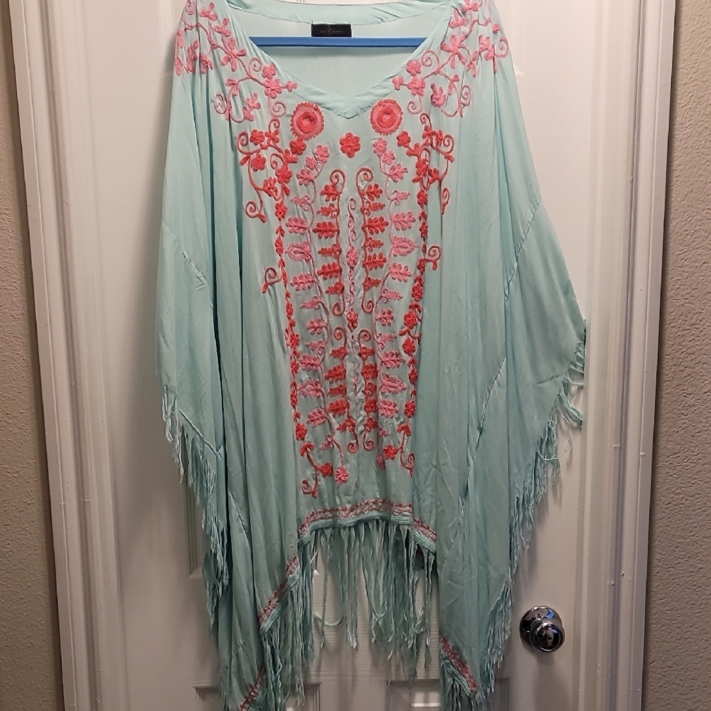 Embroidered Seafoam Swimsuit Coverup With Fringed Hem Pink And Coral One Size